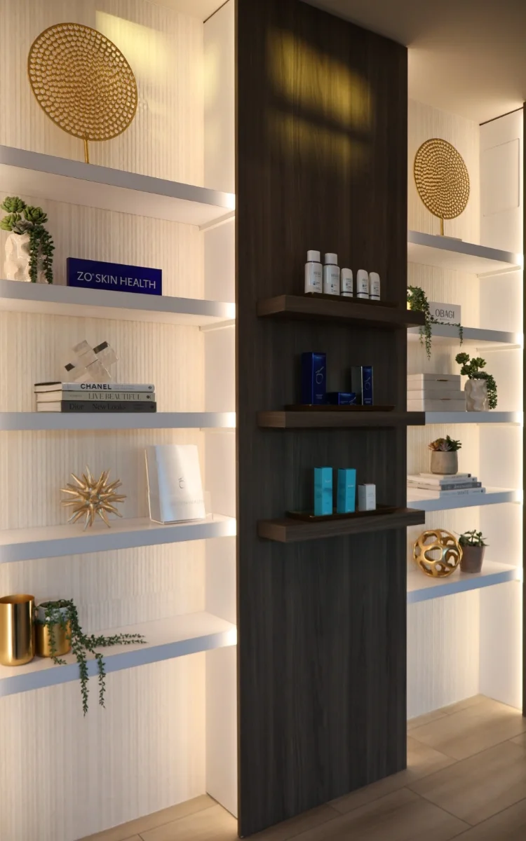 The medical-grade skincare wall at The Bluffs